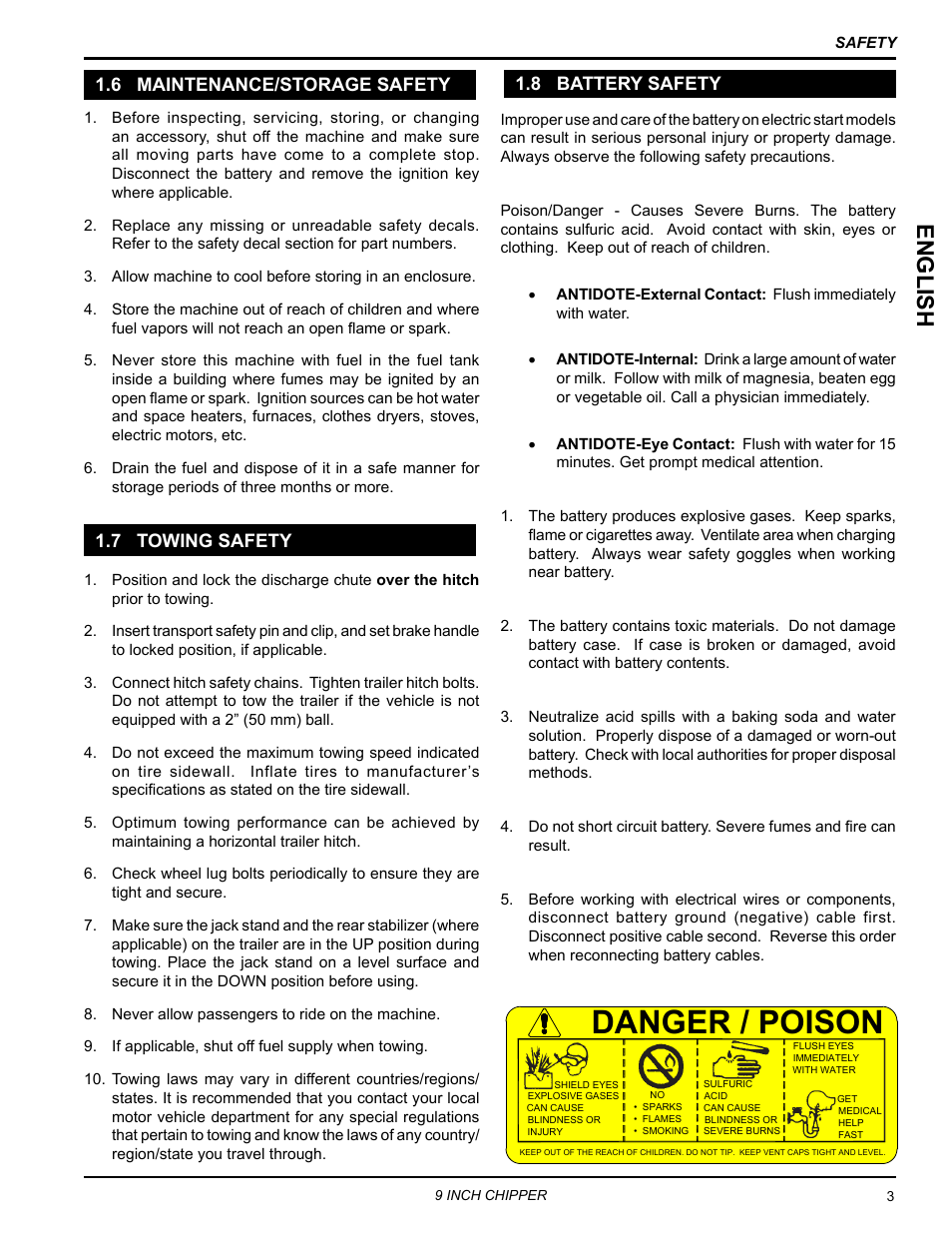 6 maintenance/storage safety, 7 towing safety, 8 battery safety | Danger / poison, English | Echo CH911DH Owners Manual v.6 User Manual | Page 7 / 31