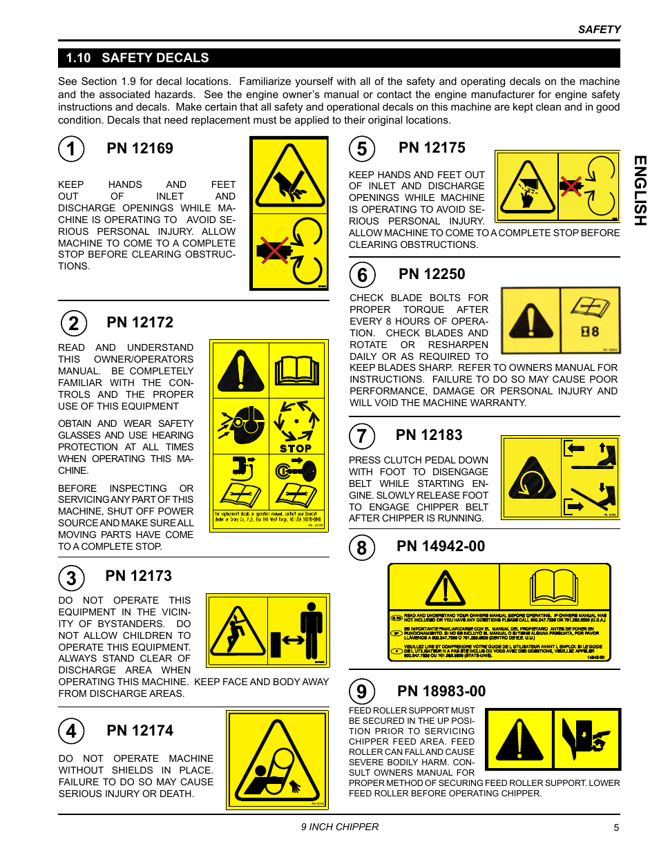 10 safety decals, English | Echo CH911DH Owners Manual v.6 User Manual | Page 9 / 31