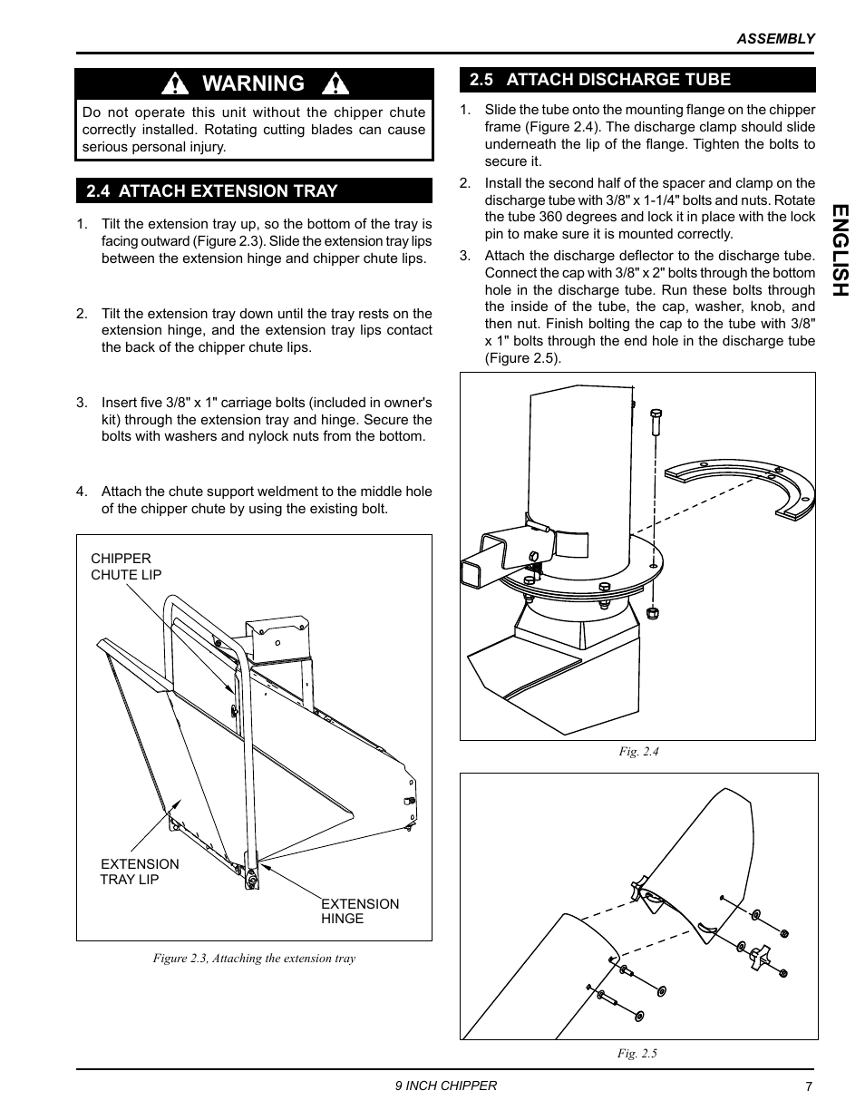4 attach extension tray, 5 attach discharge tube, 4 attach extension tray 2.5 attach discharge tube | English, Warning | Echo CH911DH Owners Manual v.5 User Manual | Page 11 / 31