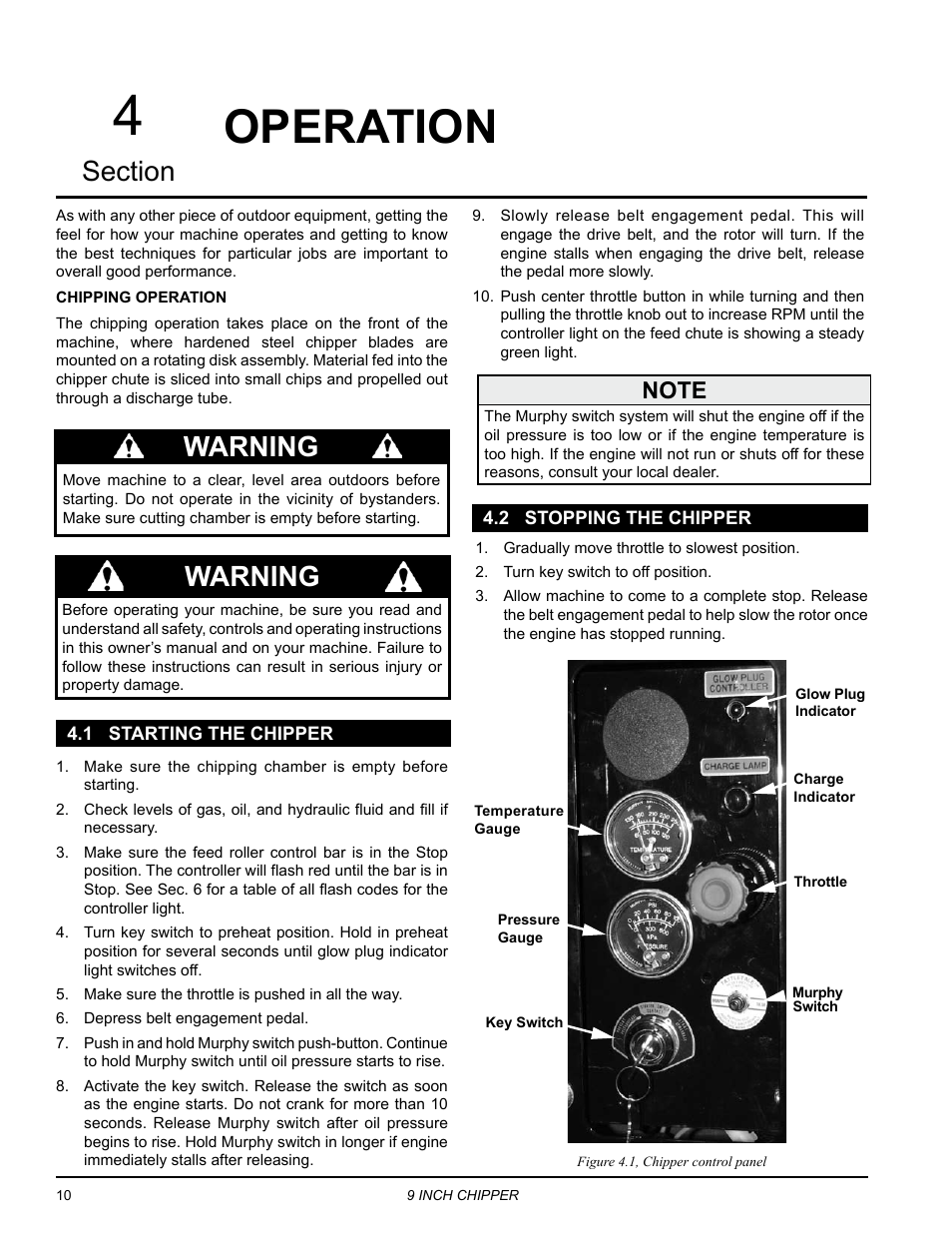 Operation, 1 starting the chipper, 2 stopping the chipper | 1 starting the chipper 4.2 stopping the chipper, Warning | Echo CH911DH Owners Manual v.5 User Manual | Page 14 / 31