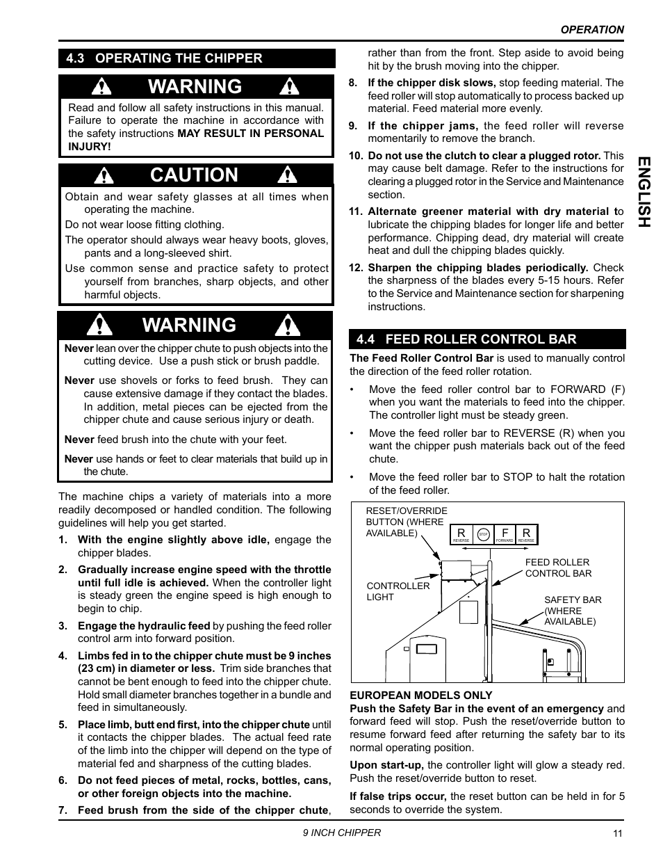 3 operating the chipper, 4 feed roller control bar, Caution warning | Warning, English | Echo CH911DH Owners Manual v.5 User Manual | Page 15 / 31
