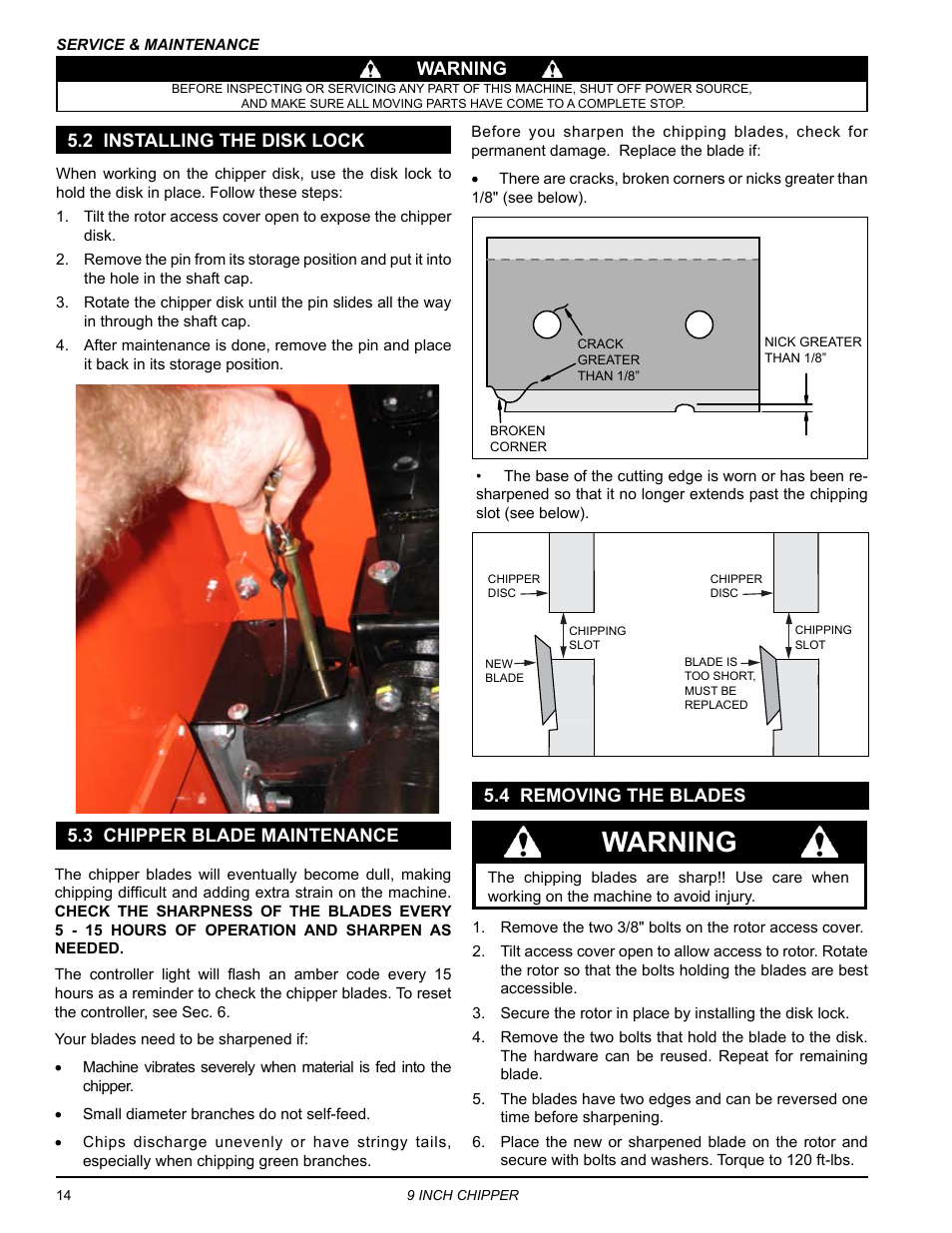 2 installing the disk lock, 3 chipper blade maintenance, 4 removing the blades | Warning, Warning 5.3 chipper blade maintenance | Echo CH911DH Owners Manual v.5 User Manual | Page 18 / 31