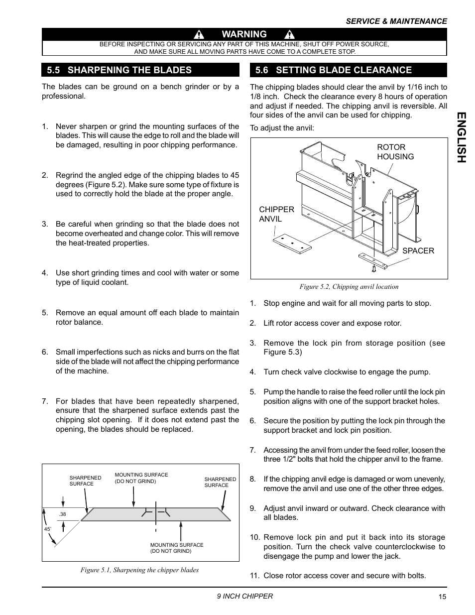 5 sharpening the blades, 6 setting blade clearance, English | Warning 5.6 setting blade clearance | Echo CH911DH Owners Manual v.5 User Manual | Page 19 / 31