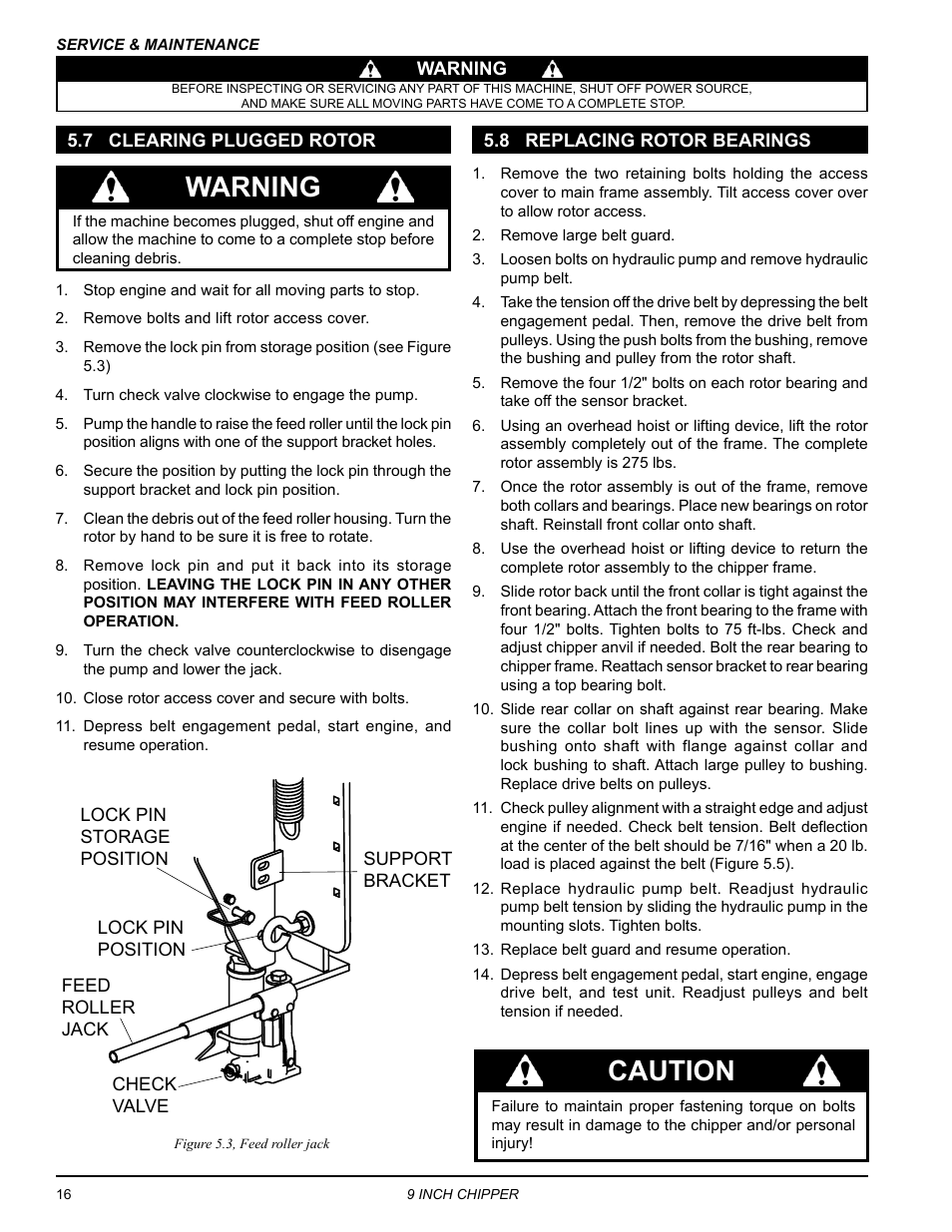 7 clearing plugged rotor, 8 replacing rotor bearings, Warning | Caution | Echo CH911DH Owners Manual v.5 User Manual | Page 20 / 31