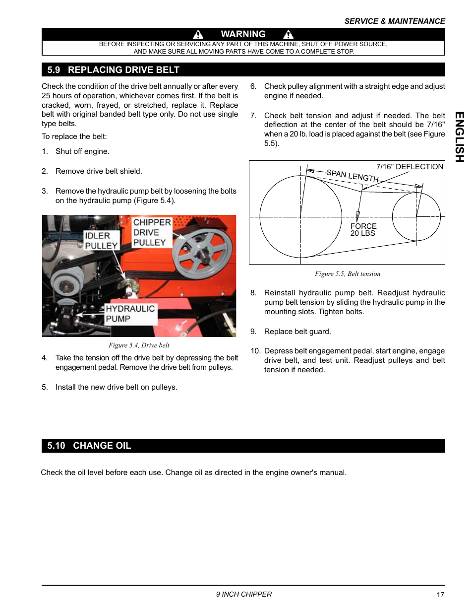 9 replacing drive belt, 10 change oil, 9 replacing drive belt 5.10 change oil | English | Echo CH911DH Owners Manual v.5 User Manual | Page 21 / 31