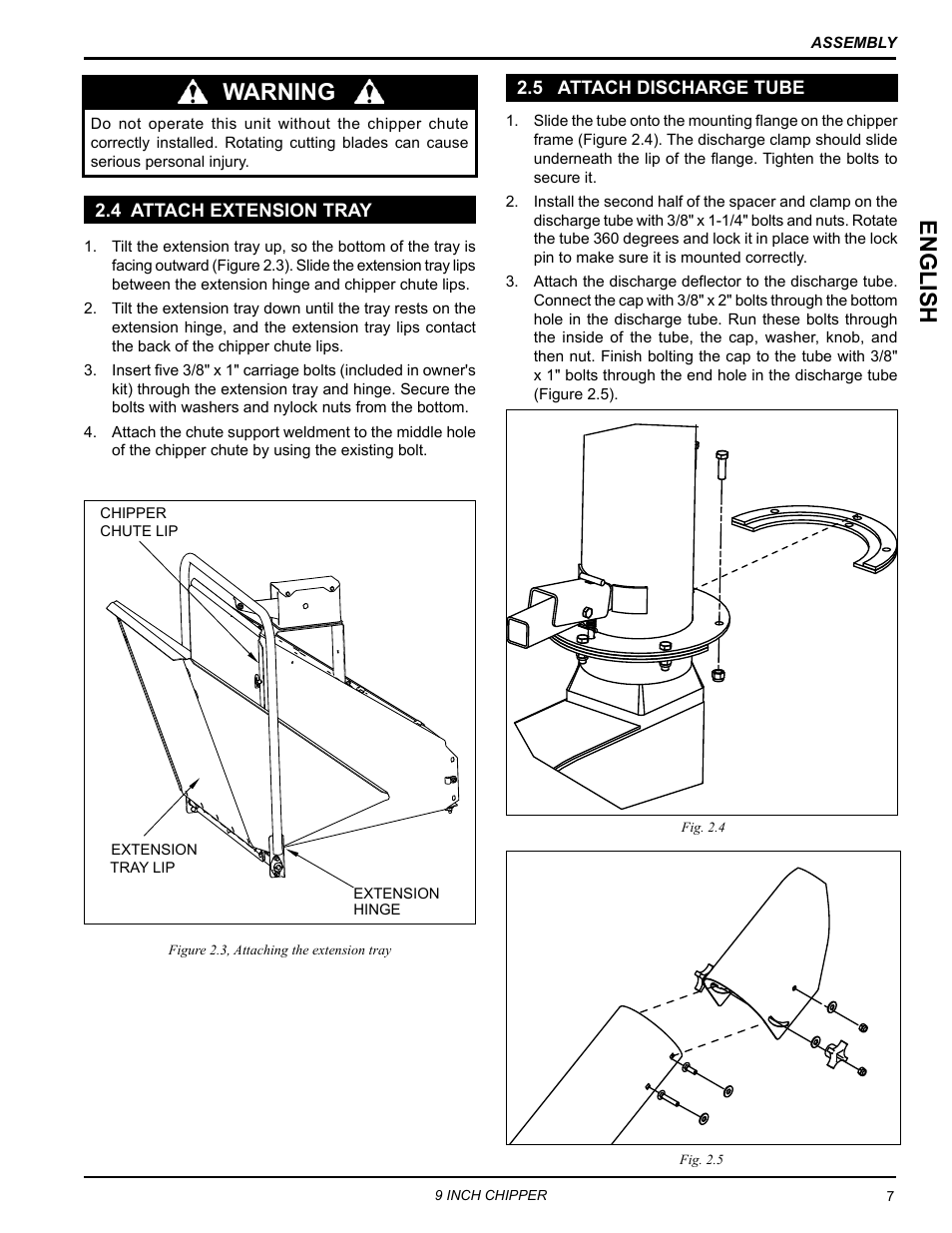 4 attach extension tray, 5 attach discharge tube, 4 attach extension tray 2.5 attach discharge tube | Englis h, Warning | Echo CH911DH Owners Manual v.4 User Manual | Page 11 / 30
