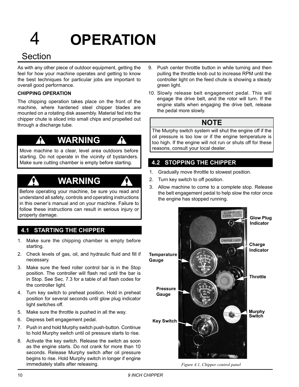 Operation, 1 starting the chipper, 2 stopping the chipper | 1 starting the chipper 4.2 stopping the chipper, Warning | Echo CH911DH Owners Manual v.4 User Manual | Page 14 / 30