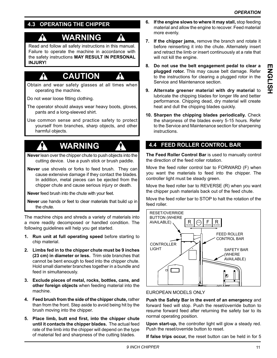3 operating the chipper, 4 feed roller control bar, Caution warning | Warning, Englis h | Echo CH911DH Owners Manual v.4 User Manual | Page 15 / 30