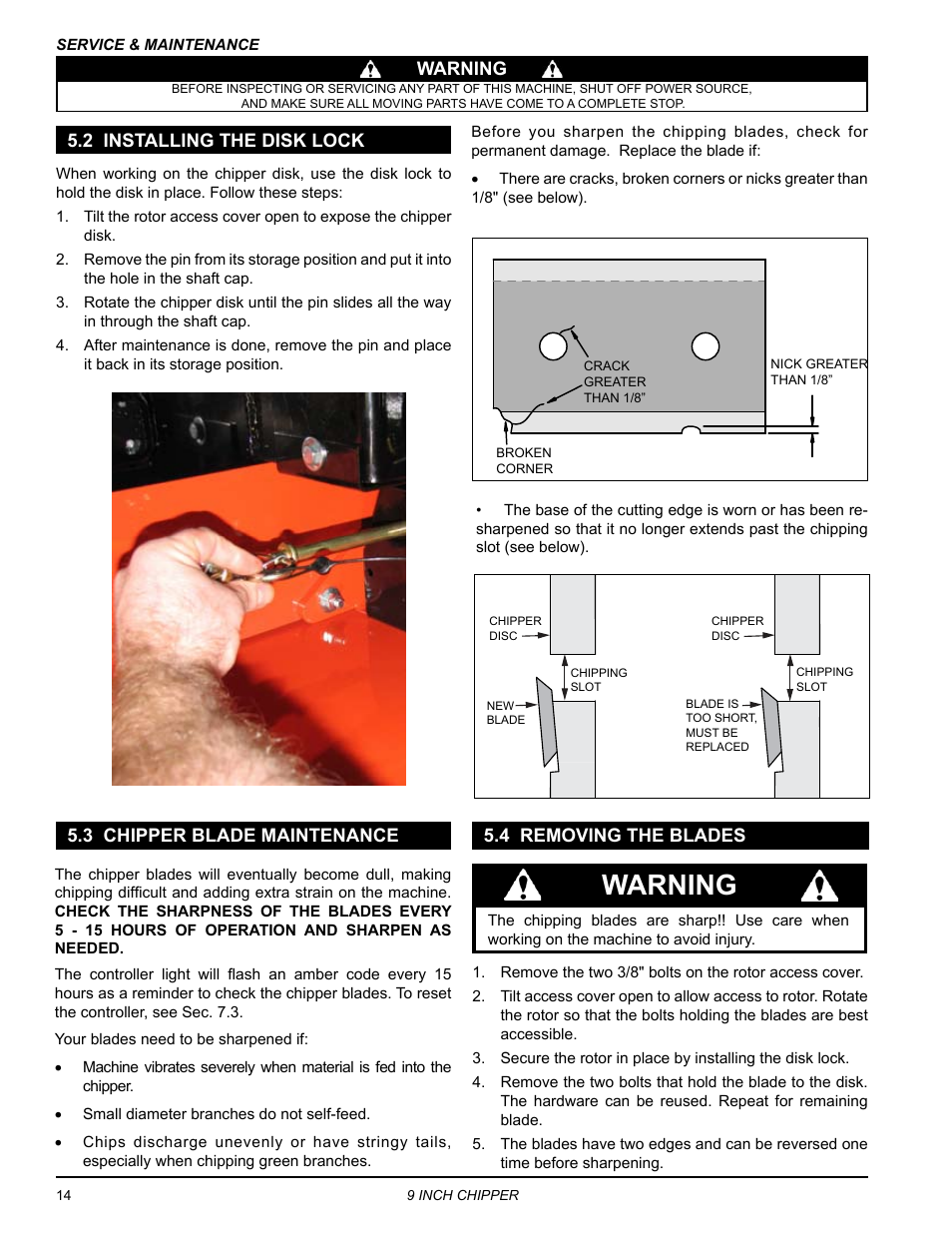 2 installing the disk lock, 3 chipper blade maintenance, 4 removing the blades | Warning, Warning 5.3 chipper blade maintenance | Echo CH911DH Owners Manual v.4 User Manual | Page 18 / 30