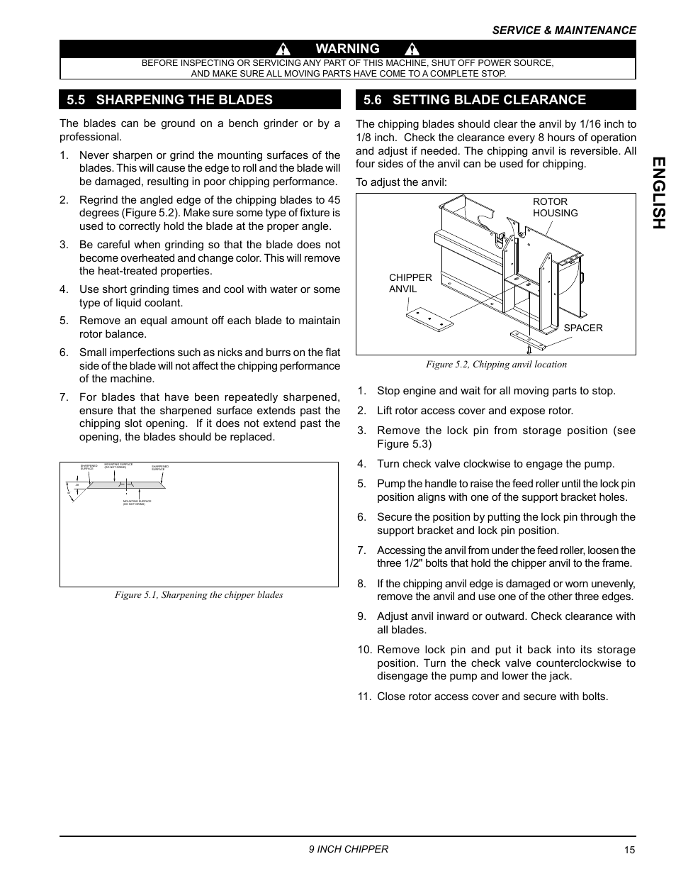 5 sharpening the blades, 6 setting blade clearance, Englis h | Warning 5.6 setting blade clearance | Echo CH911DH Owners Manual v.4 User Manual | Page 19 / 30