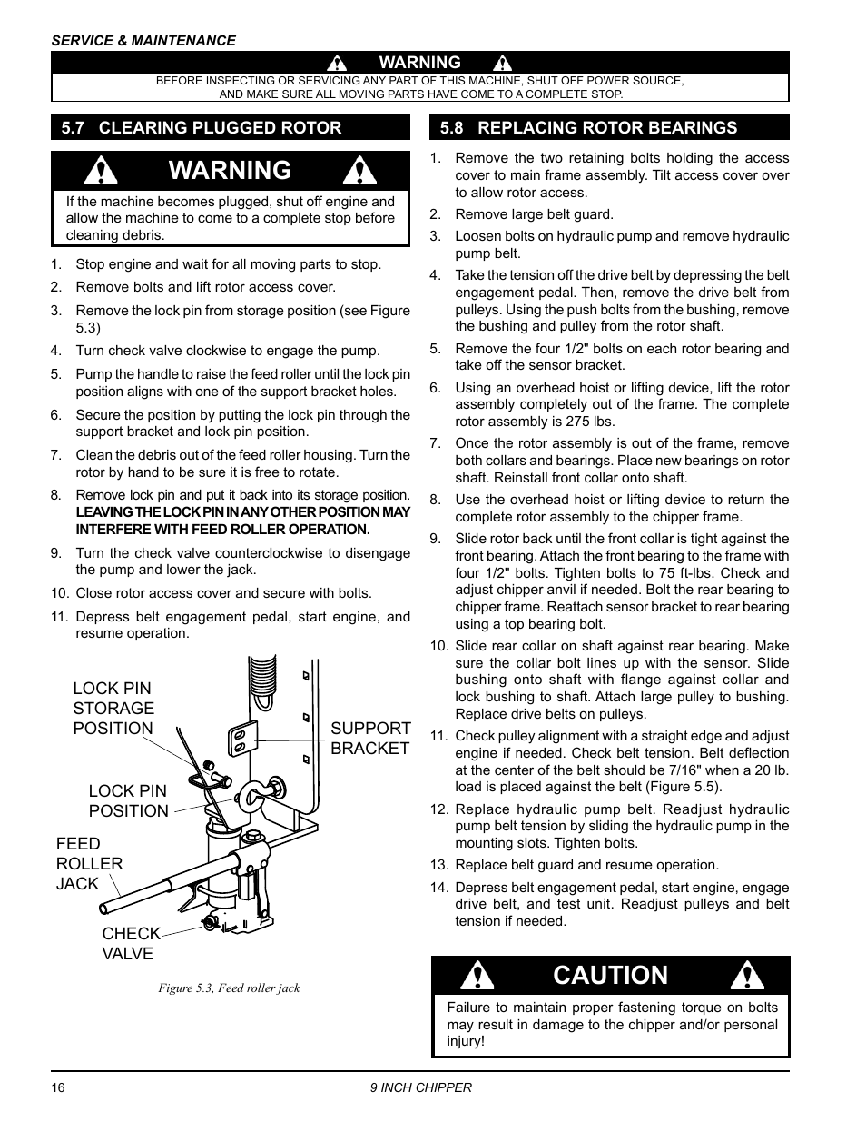 7 clearing plugged rotor, 8 replacing rotor bearings, Warning | Caution | Echo CH911DH Owners Manual v.4 User Manual | Page 20 / 30