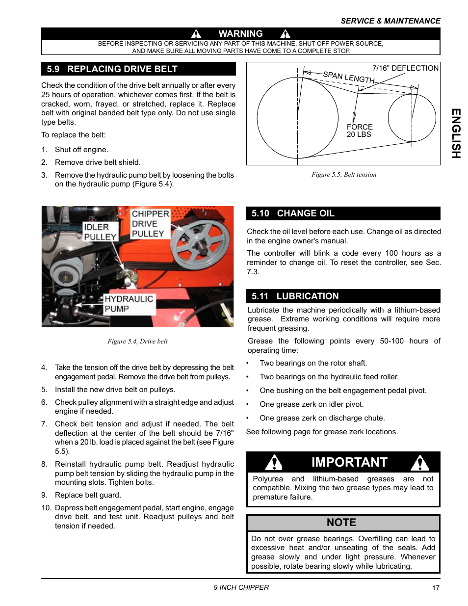 9 replacing drive belt, 10 change oil, 11 lubrication | Important, Englis h | Echo CH911DH Owners Manual v.4 User Manual | Page 21 / 30