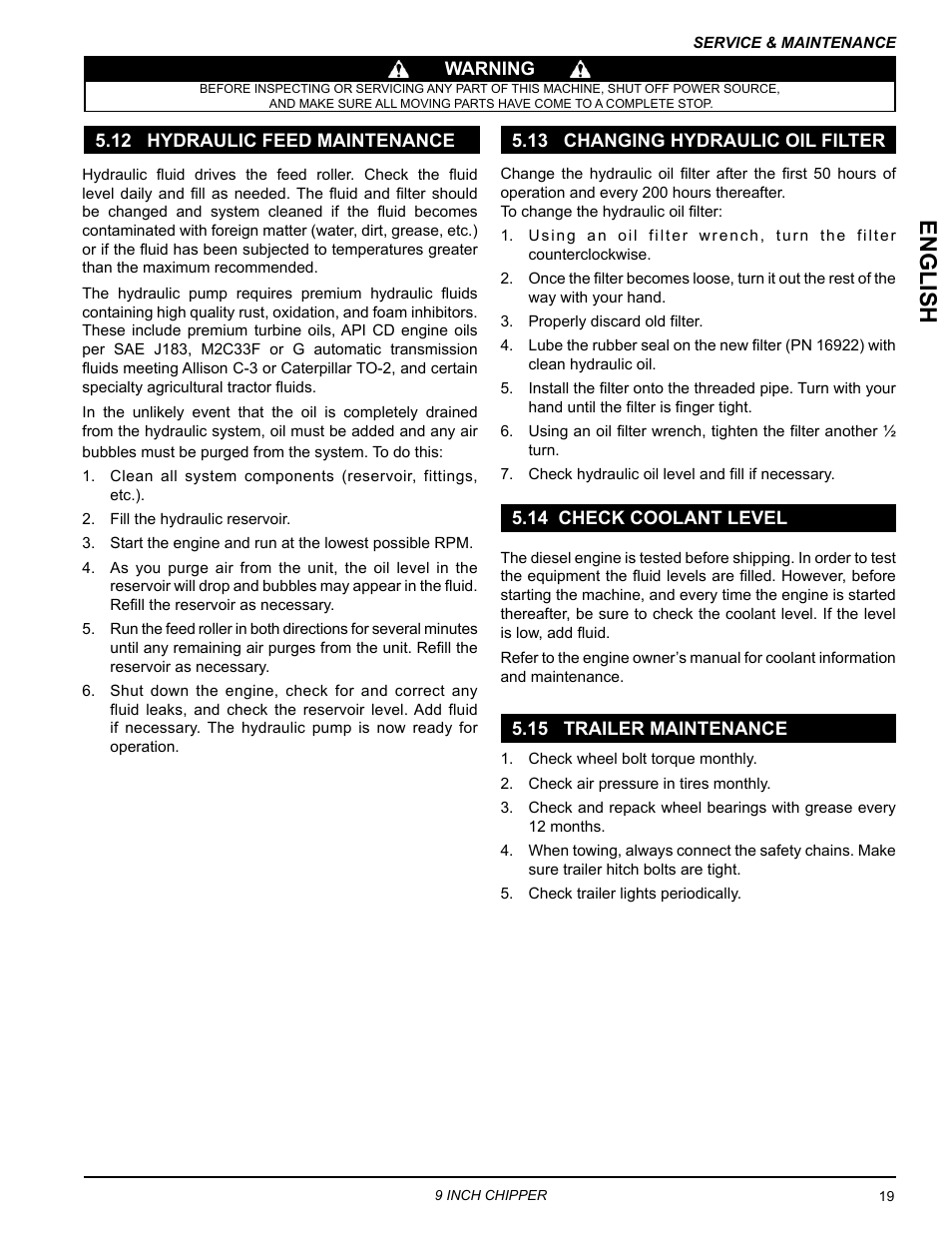 12 hydraulic feed maintenance, 13 changing hydraulic oil filter, 14 check coolant level | 15 trailer maintenance, Englis h | Echo CH911DH Owners Manual v.4 User Manual | Page 23 / 30
