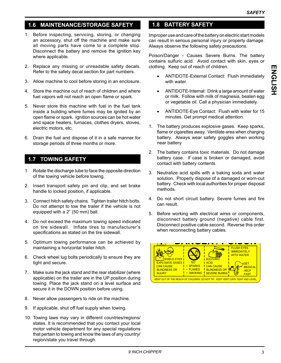 6 maintenance/storage safety, 7 towing safety, 8 battery safety | Danger / poison, Englis h | Echo CH911DH Owners Manual v.4 User Manual | Page 7 / 30