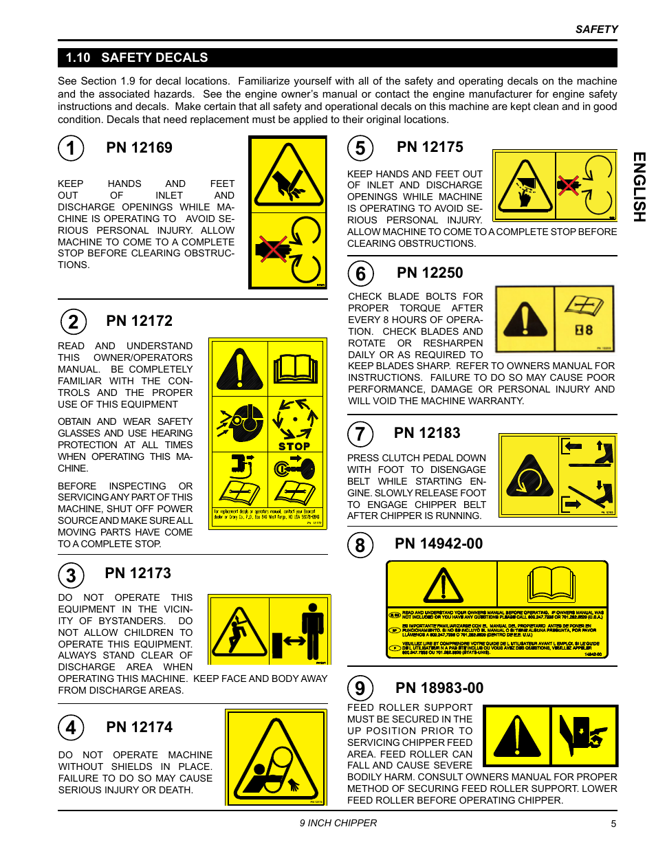 10 safety decals, Englis h | Echo CH911DH Owners Manual v.4 User Manual | Page 9 / 30