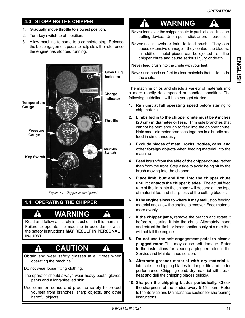 3 stopping the chipper, 4 operating the chipper, 3 stopping the chipper 4.4 operating the chipper | Caution warning, Warning, English | Echo CH911DH Owners Manual v.3 User Manual | Page 15 / 28