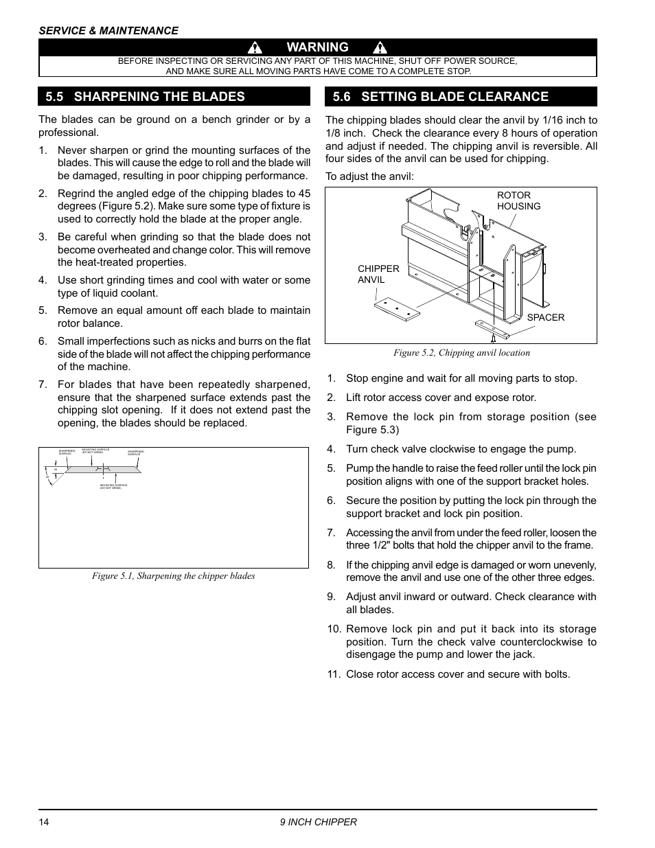 5 sharpening the blades, 6 setting blade clearance, Warning 5.6 setting blade clearance | Echo CH911DH Owners Manual v.3 User Manual | Page 18 / 28