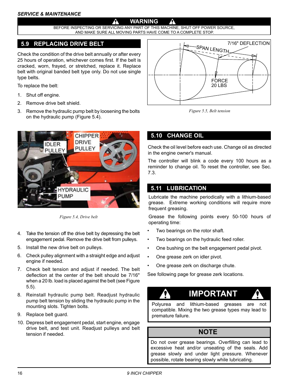 9 replacing drive belt, 10 change oil, 11 lubrication | Important | Echo CH911DH Owners Manual v.3 User Manual | Page 20 / 28