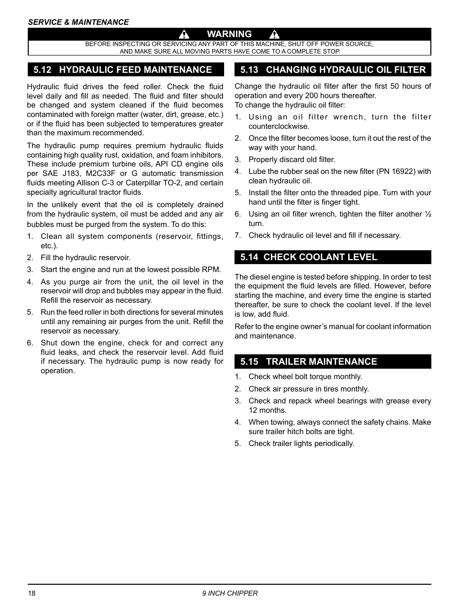 12 hydraulic feed maintenance, 13 changing hydraulic oil filter, 14 check coolant level | 15 trailer maintenance | Echo CH911DH Owners Manual v.3 User Manual | Page 22 / 28