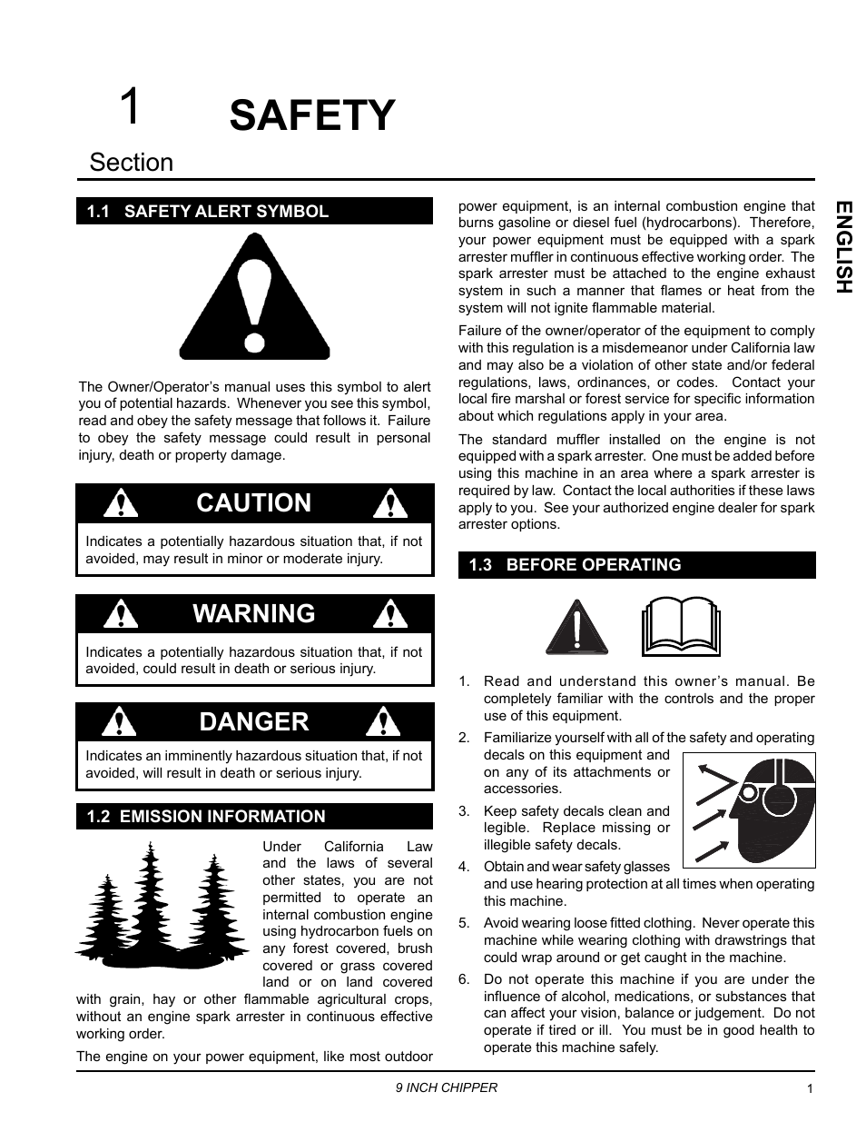Safety, 1 safety alert symbol, 2 emission information | 3 before operating, Danger, Caution, Warning, English | Echo CH911DH Owners Manual v.3 User Manual | Page 5 / 28