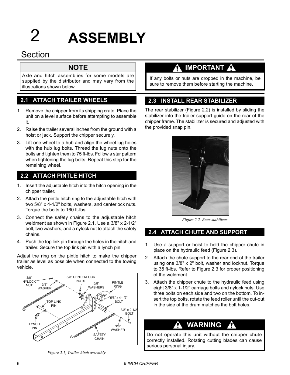 Assembly, 1 attach trailer wheels, 2 attach pintle hitch | 3 install rear stabilizer, 4 attach chute and support, Warning, Important | Echo CH911DH Owners Manual v.2 User Manual | Page 10 / 28