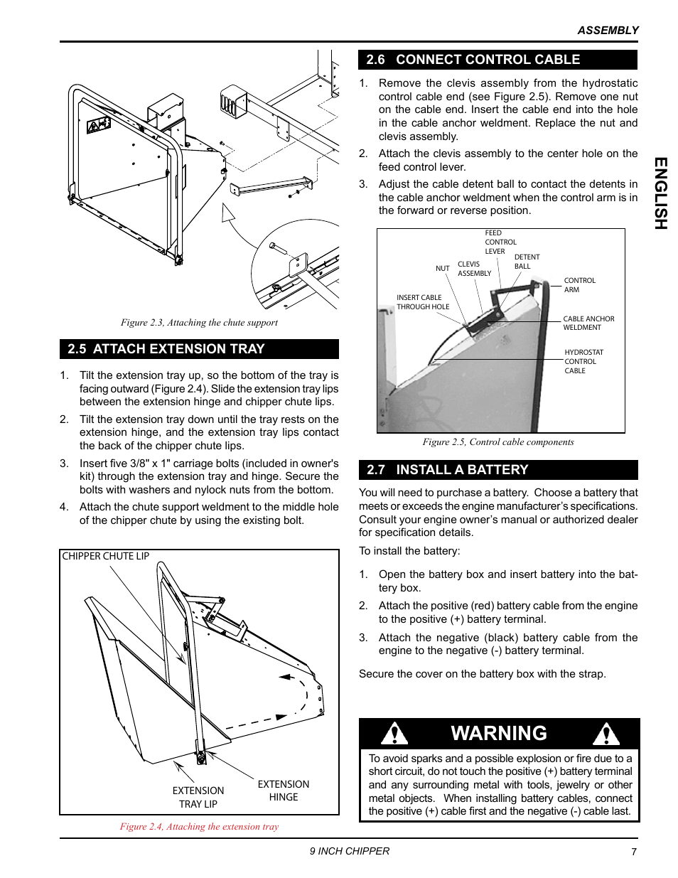 5 attach extension tray, 6 connect control cable, 7 install a battery | Warning, English | Echo CH911DH Owners Manual v.2 User Manual | Page 11 / 28