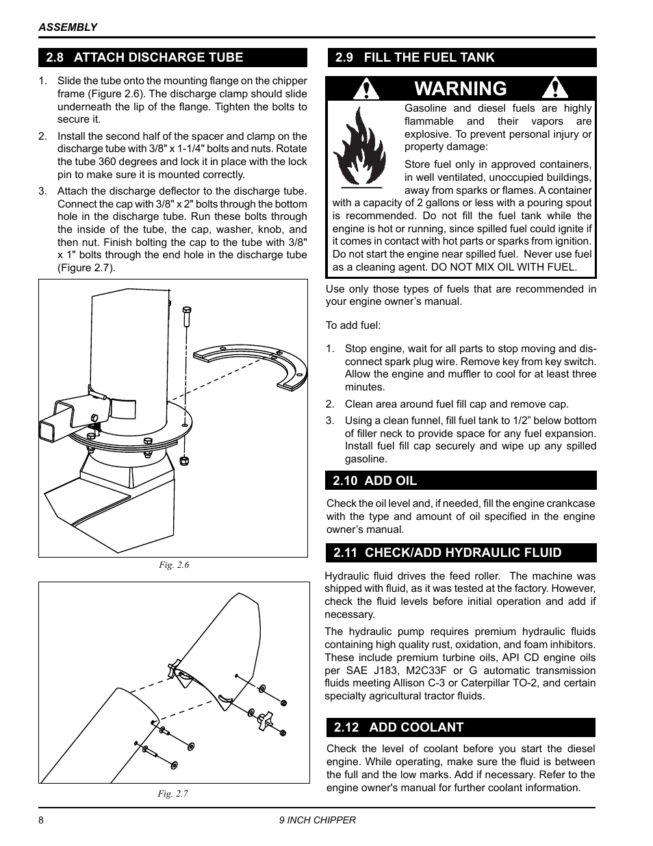 8 attach discharge tube, 9 fill the fuel tank, 10 add oil | 11 check/add hydraulic fluid, 12 add coolant, Warning | Echo CH911DH Owners Manual v.2 User Manual | Page 12 / 28