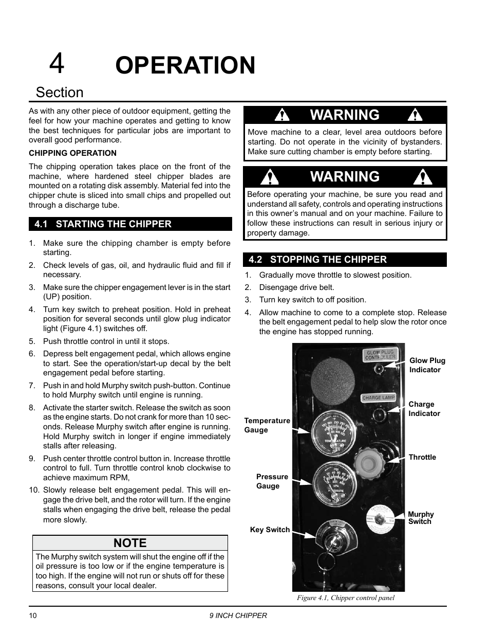 Operation, 1 starting the chipper, 2 stopping the chipper | 1 starting the chipper 4.2 stopping the chipper, Warning | Echo CH911DH Owners Manual v.2 User Manual | Page 14 / 28