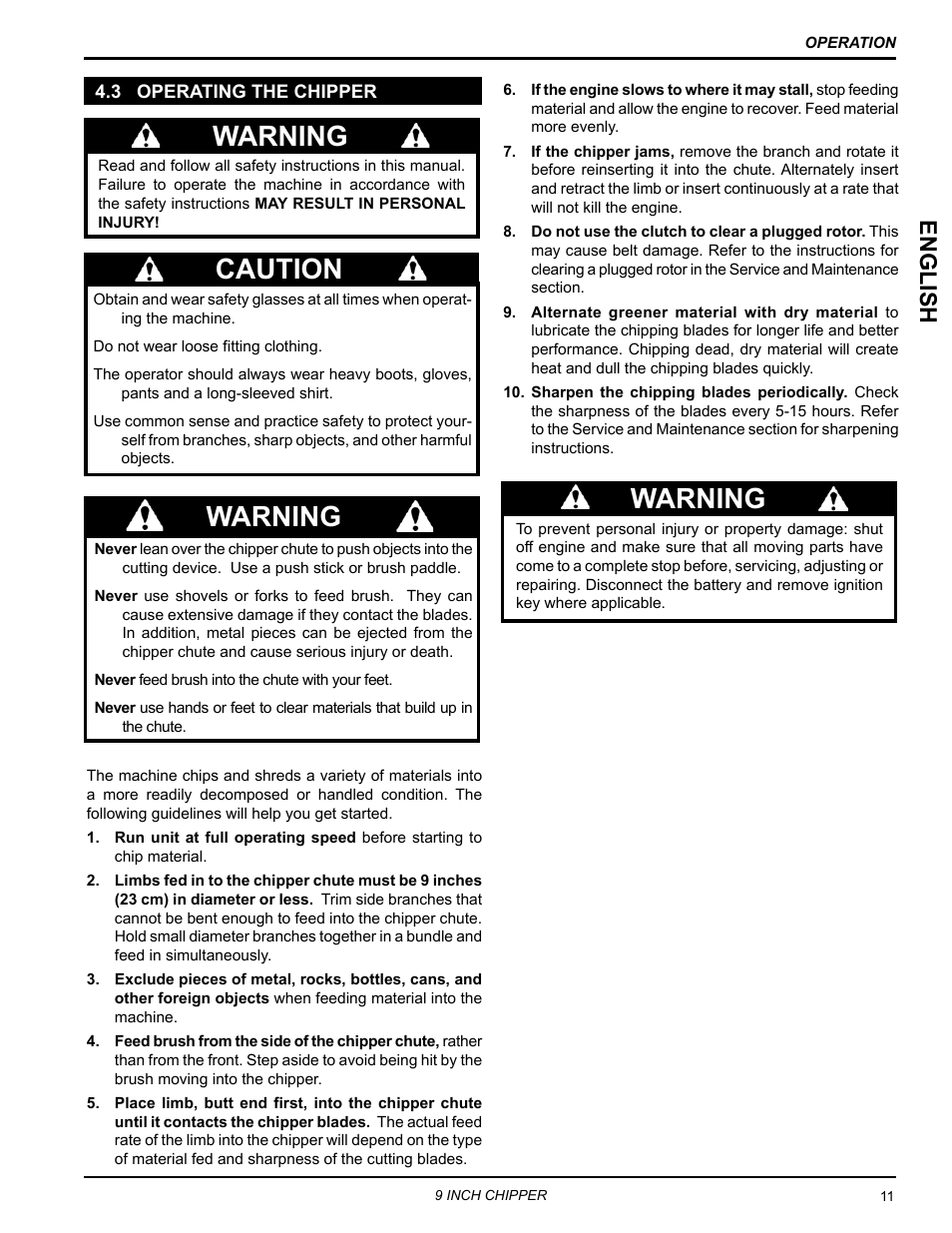 3 operating the chipper, Caution warning, Warning | English | Echo CH911DH Owners Manual v.2 User Manual | Page 15 / 28