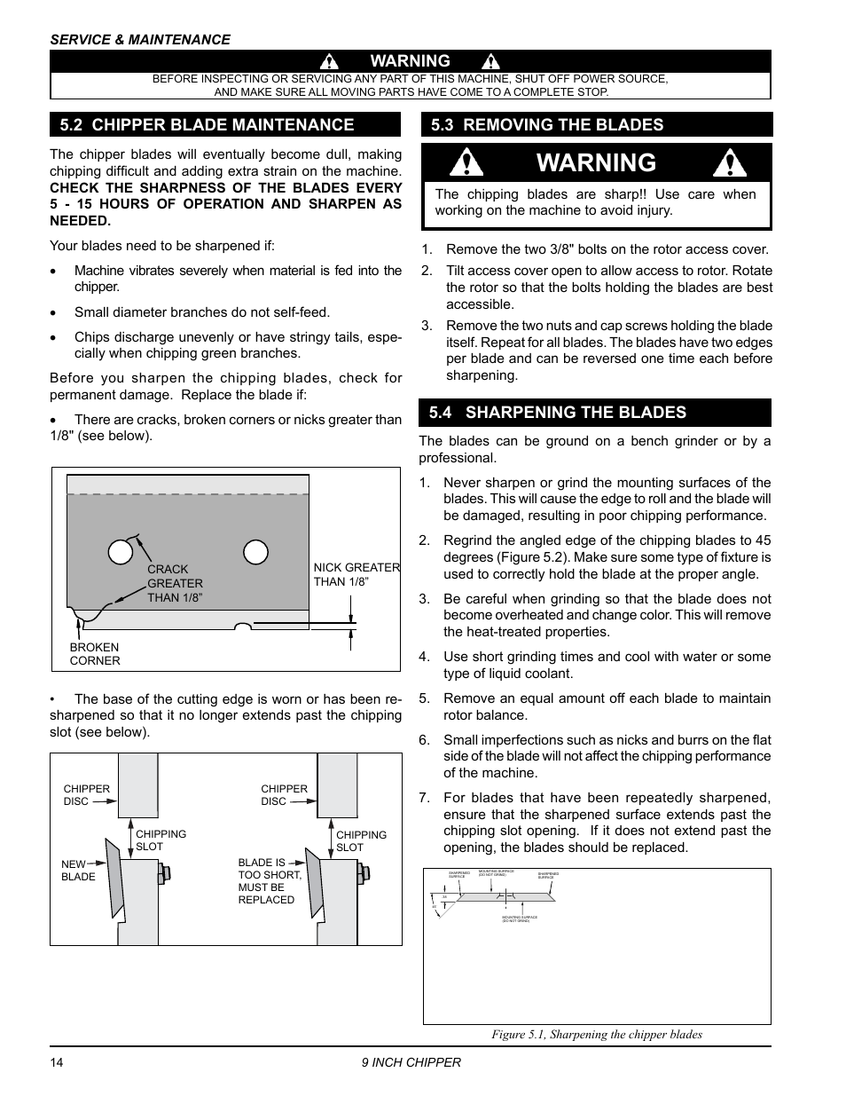 2 chipper blade maintenance, 3 removing the blades, 4 sharpening the blades | Warning, 4 sharpening the blades 5.3 removing the blades | Echo CH911DH Owners Manual v.2 User Manual | Page 18 / 28