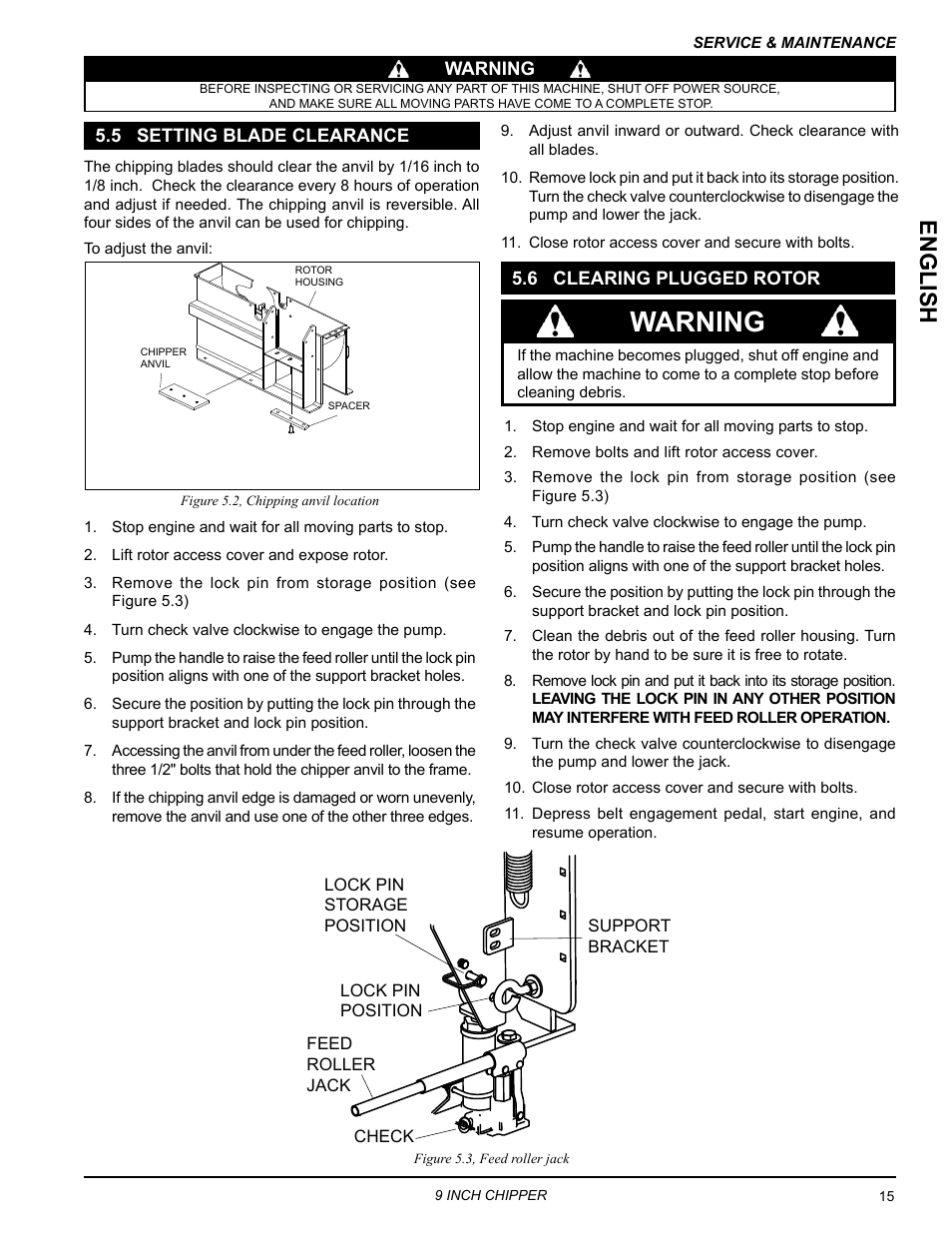 5 setting blade clearance, 6 clearing plugged rotor, Warning | English | Echo CH911DH Owners Manual v.2 User Manual | Page 19 / 28