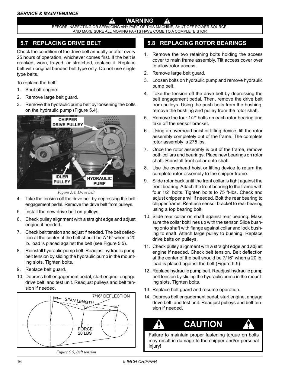 7 replacing drive belt, 8 replacing rotor bearings, Caution | Echo CH911DH Owners Manual v.2 User Manual | Page 20 / 28