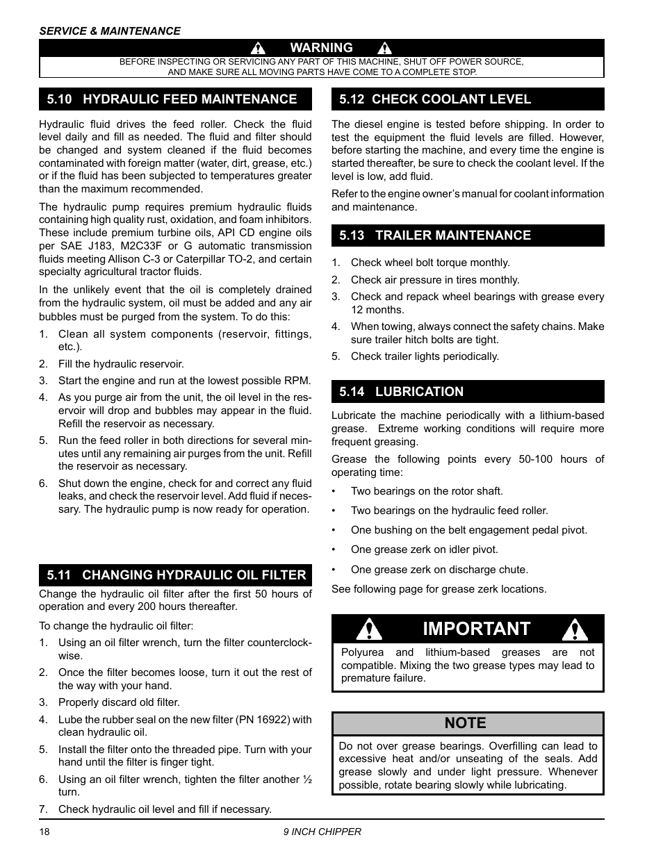 10 hydraulic feed maintenance, 11 changing hydraulic oil filter, 12 check coolant level | 13 trailer maintenance, 14 lubrication, Important | Echo CH911DH Owners Manual v.2 User Manual | Page 22 / 28