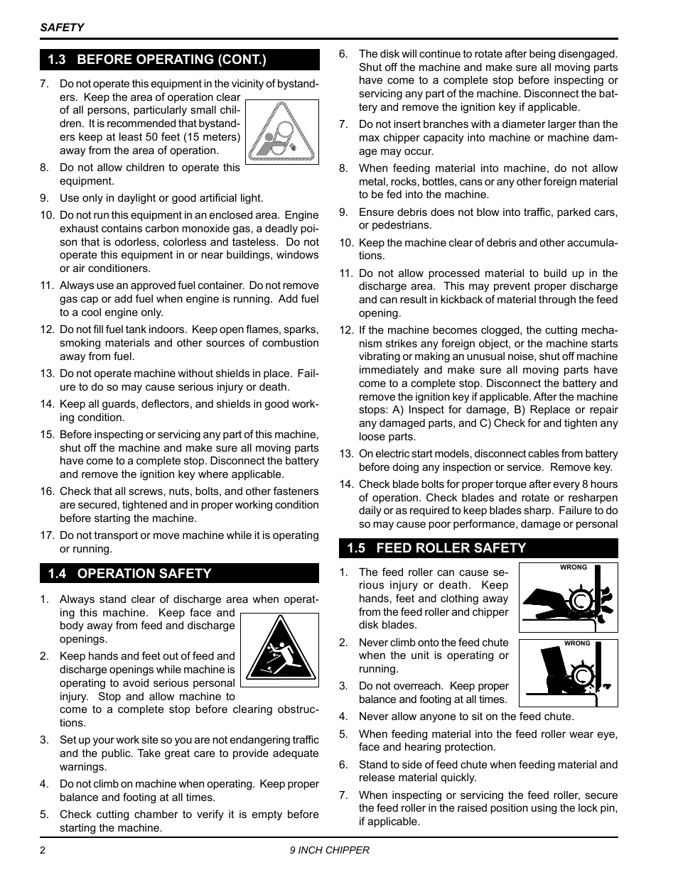 3 before operating (cont.), 4 operation safety, 5 feed roller safety | Echo CH911DH Owners Manual v.2 User Manual | Page 6 / 28