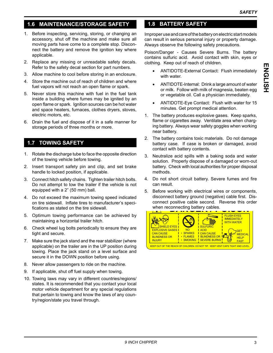 6 maintenance/storage safety, 7 towing safety, 8 battery safety | Danger / poison, English | Echo CH911DH Owners Manual v.2 User Manual | Page 7 / 28