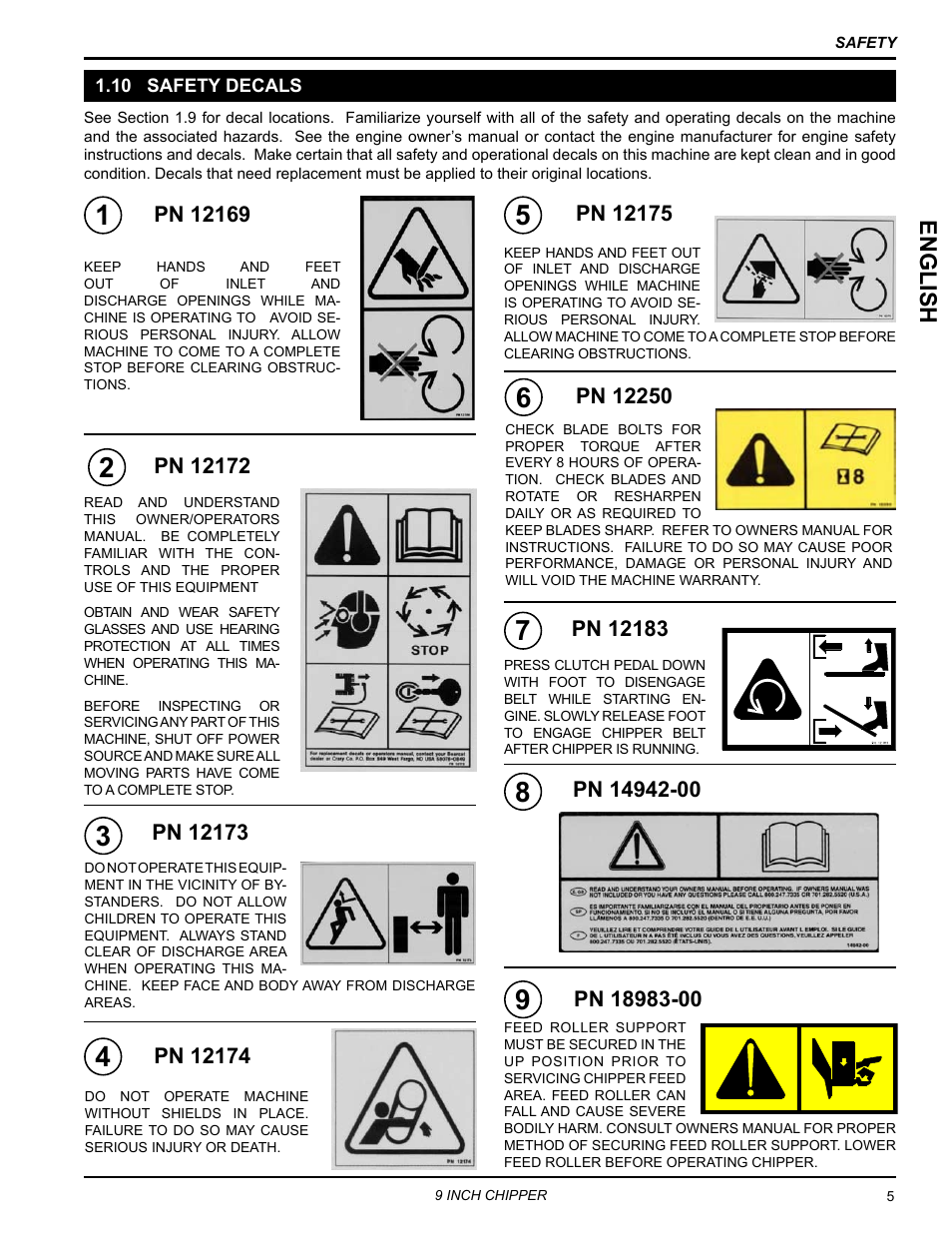 10 safety decals, English | Echo CH911DH Owners Manual v.2 User Manual | Page 9 / 28