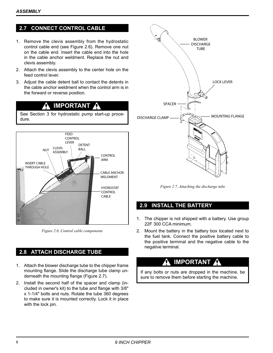 7 connect control cable, 8 attach discharge tube, 9 install the battery | Important | Echo 72928 Owners Manual v.7 User Manual | Page 12 / 33