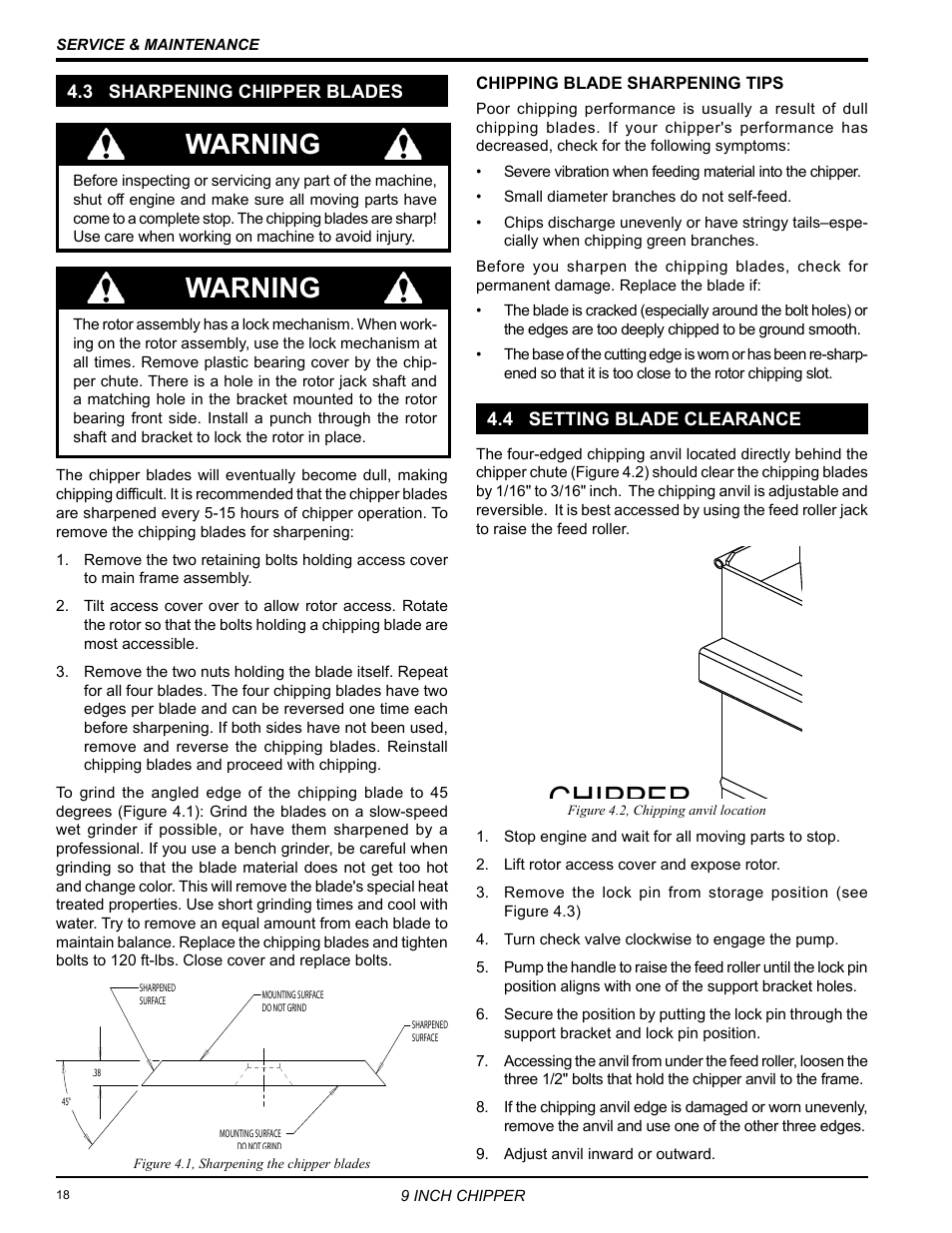 3 sharpening chipper blades, 4 setting blade clearance, Chipper anvil spacer rotor housing | Warning | Echo 72928 Owners Manual v.7 User Manual | Page 22 / 33