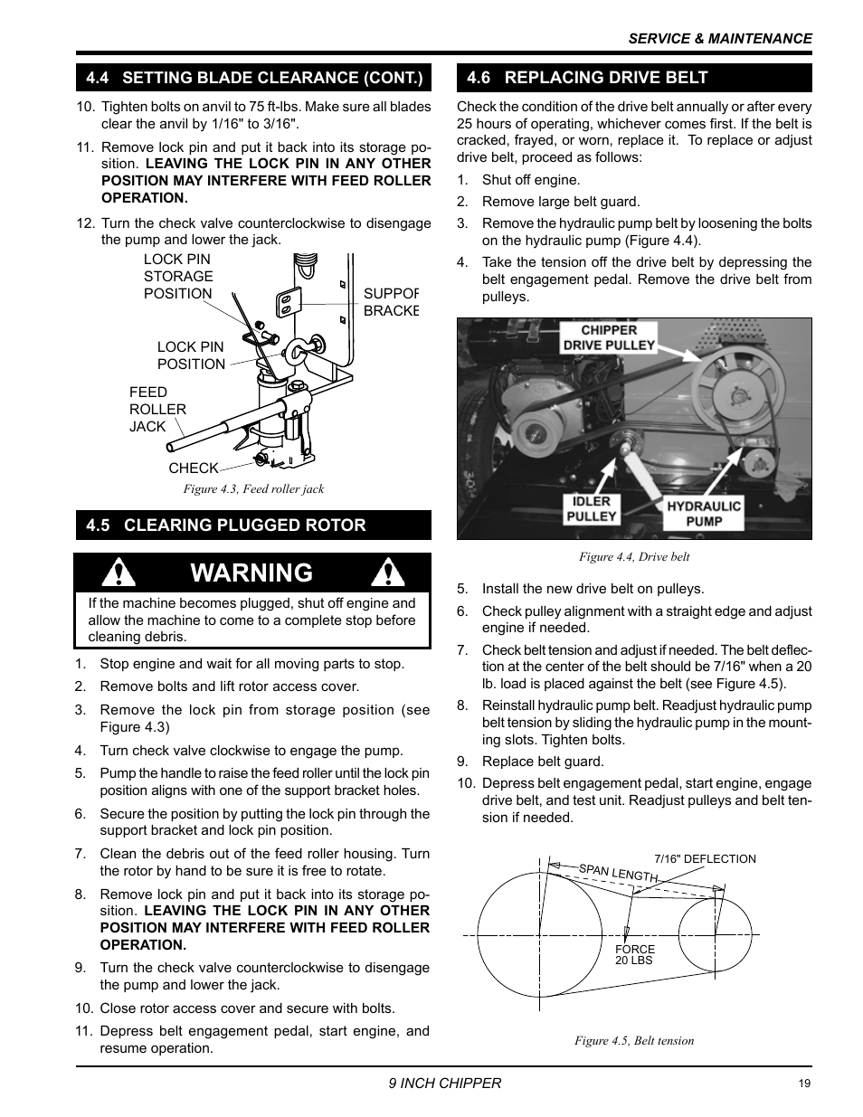 4 setting blade clearance (cont.), 5 clearing plugged rotor, 6 replacing drive belt | Warning | Echo 72928 Owners Manual v.7 User Manual | Page 23 / 33