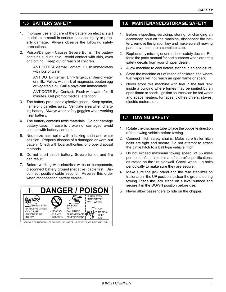 5 battery safety, 6 maintenance/storage safety, 7 towing safety | Danger / poison | Echo 72928 Owners Manual v.7 User Manual | Page 7 / 33