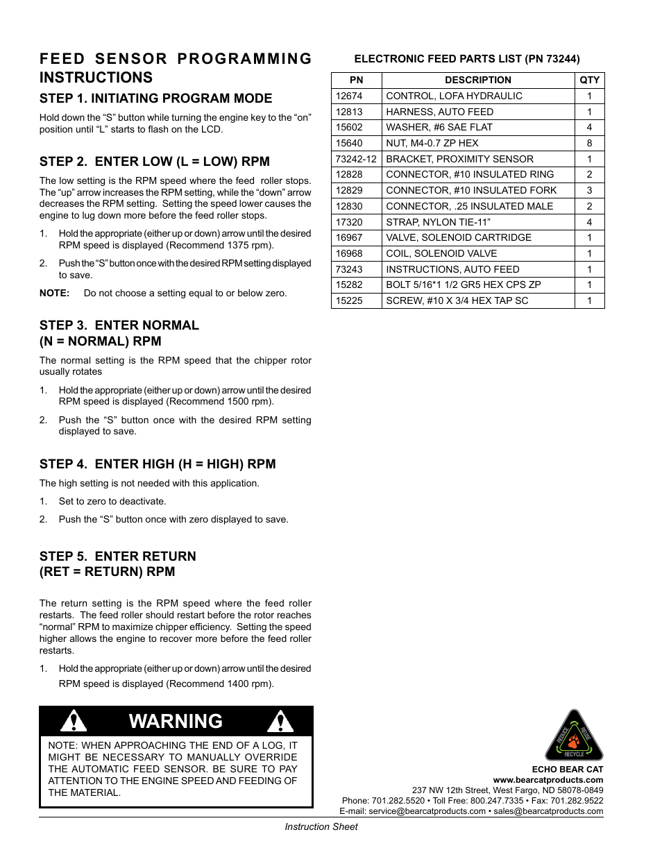 Warning, Feed sensor programming instructions, Step 1. initiating program mode | Step 2. enter low (l = low) rpm, Step 3. enter normal (n = normal) rpm, Step 4. enter high (h = high) rpm, Step 5. enter return (ret = return) rpm | Echo 72825 Instruction User Manual | Page 4 / 4