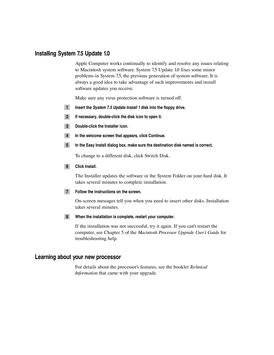 Installing system 7.5 update 1.0, Learning about your new processor | Apple LC 550 User Manual | Page 2 / 2