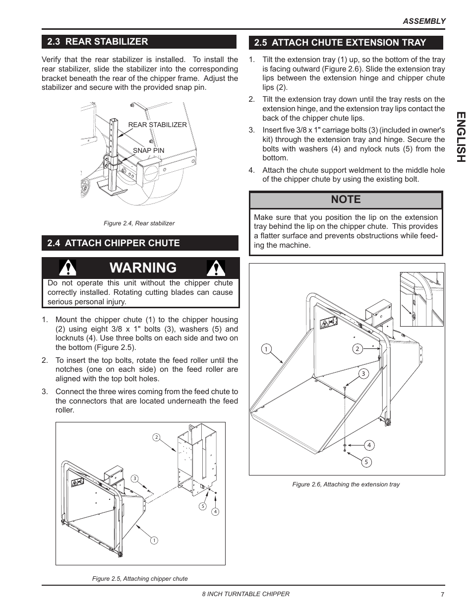 3 rear stabilizer, 4 attach chipper chute, 5 attach chute extension tray | Warning, English | Echo CH8993H Owners Manual v.7 User Manual | Page 11 / 37