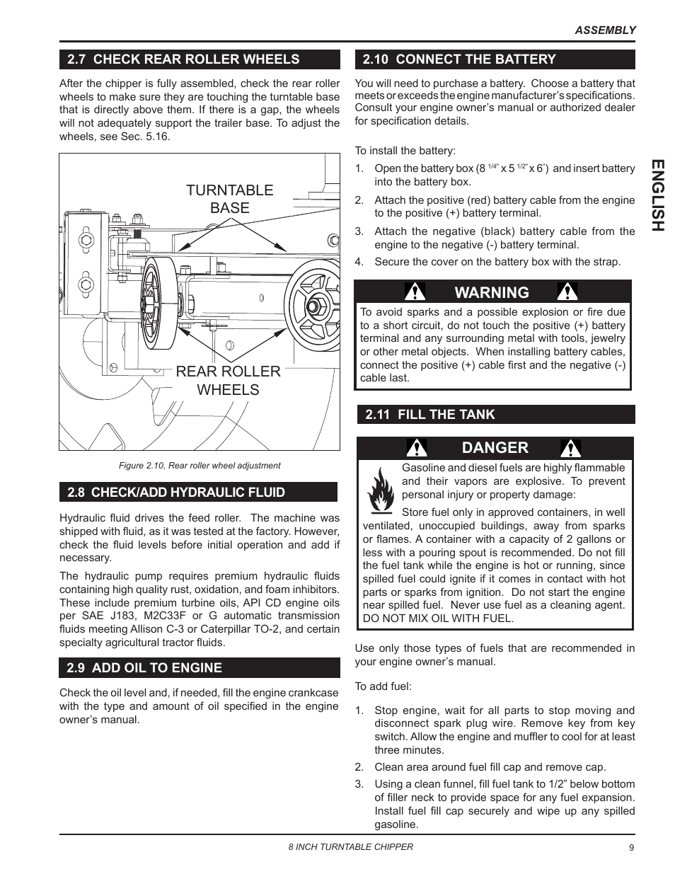 7 check rear roller wheels, 8 check/add hydraulic fluid, 9 add oil to engine | 10 connect the battery, 11 fill the tank, English, Danger, Warning, Rear roller wheels turntable base | Echo CH8993H Owners Manual v.7 User Manual | Page 13 / 37