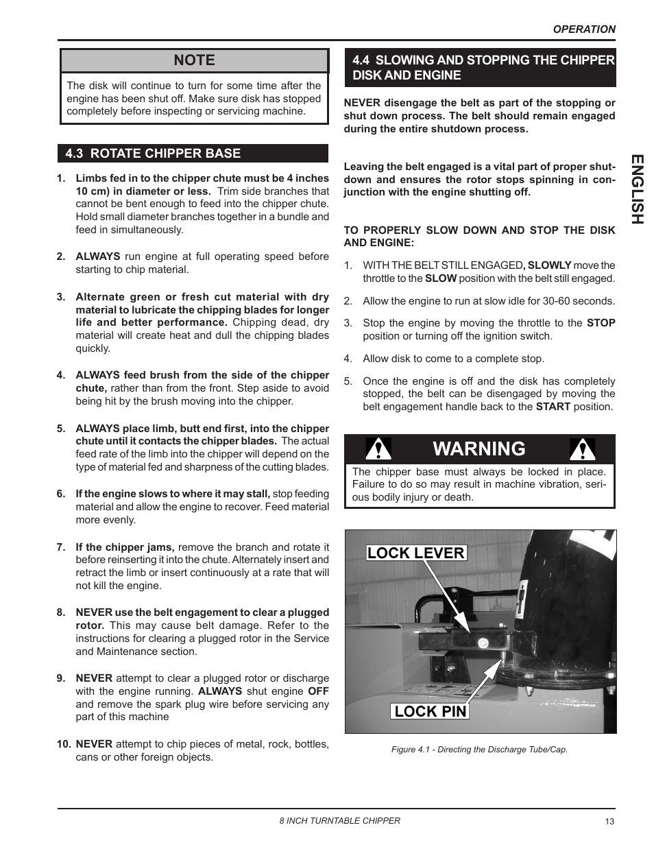 4 directing the discharge tube, 5 operating the chipper, Warning | English | Echo CH8993H Owners Manual v.7 User Manual | Page 17 / 37