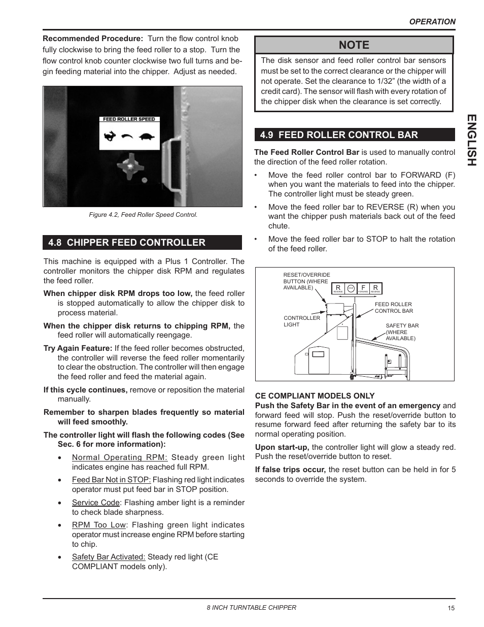 6 raise/lower access cover, 7 feed roller speed control, 8 chipper feed controller | 9 feed roller control bar, English | Echo CH8993H Owners Manual v.7 User Manual | Page 19 / 37