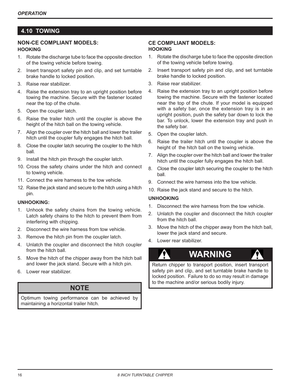 10 towing, Warning | Echo CH8993H Owners Manual v.7 User Manual | Page 20 / 37