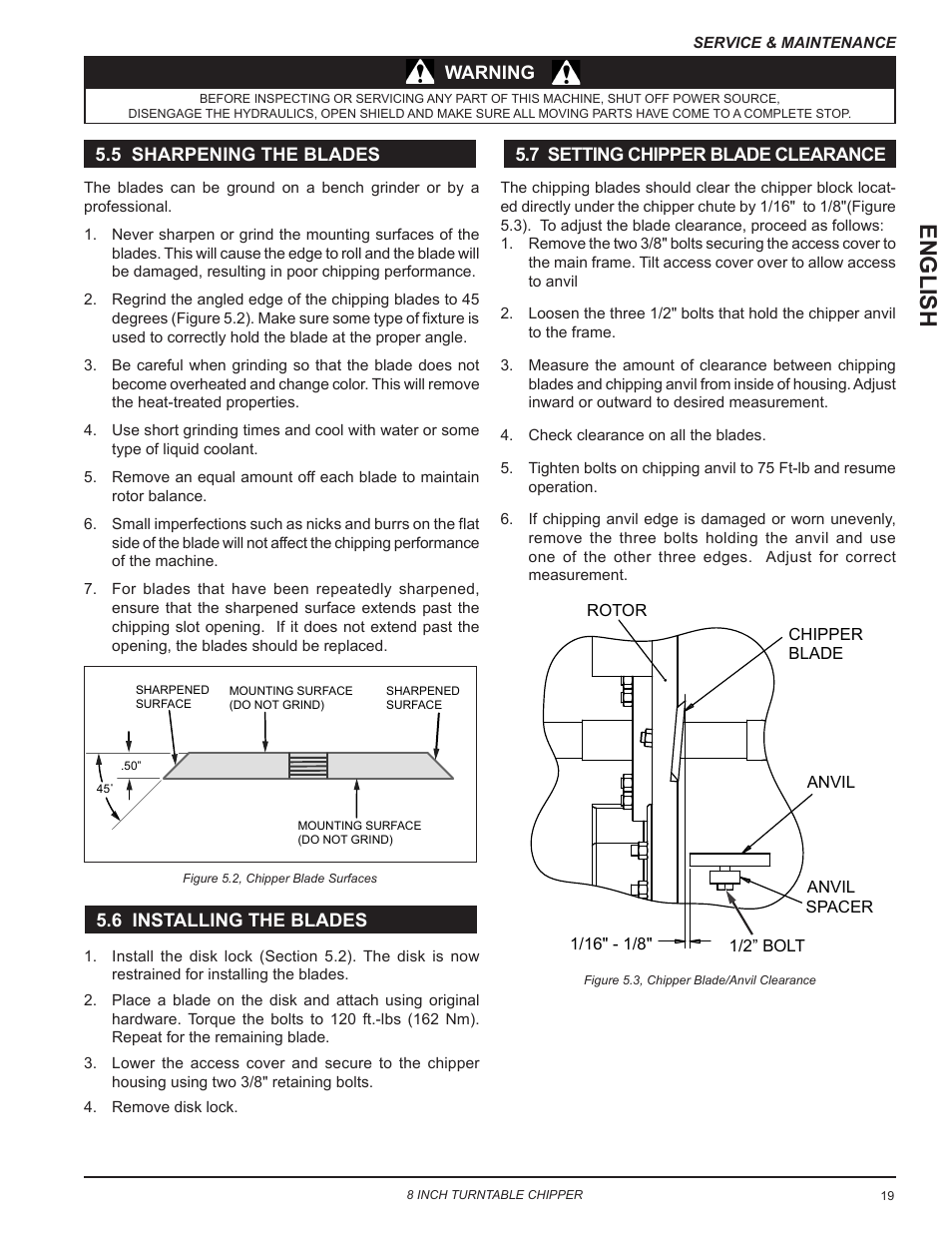 5 sharpening the blades, 6 installing the blades, 7 setting chipper blade clearance | English | Echo CH8993H Owners Manual v.7 User Manual | Page 23 / 37