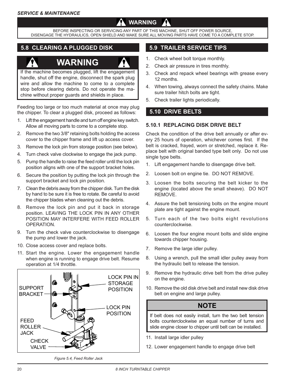 8 clearing a plugged disk, 9 trailer service tips, 10 drive belts | Warning | Echo CH8993H Owners Manual v.7 User Manual | Page 24 / 37