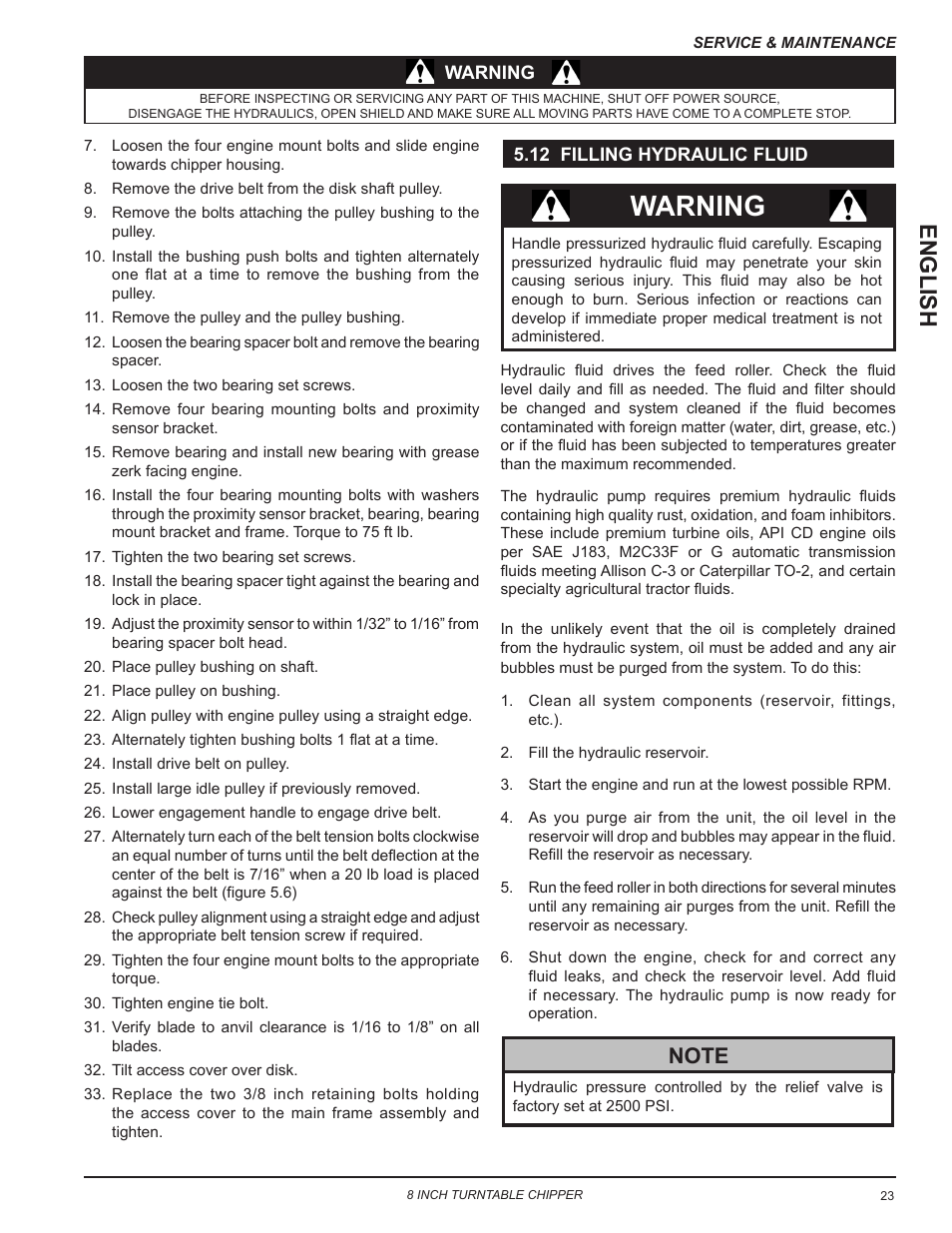 12 filling hydraulic fluid, Warning, English | Echo CH8993H Owners Manual v.7 User Manual | Page 27 / 37